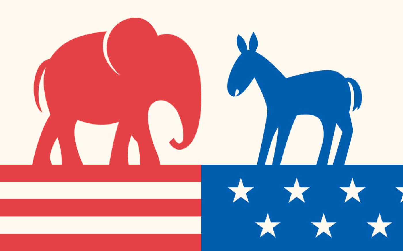 Icon of a red elephant looking at a blue donkey, placed on top of the American flag.